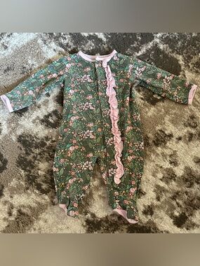 Magnetic Me Green Floral Footed One-Piece with Pink Ruffle